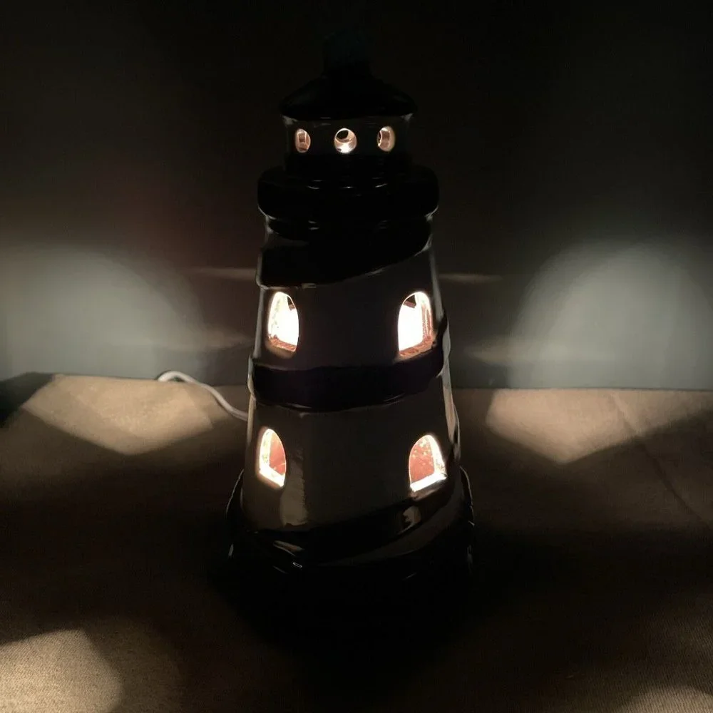 Lighthouse Nautical Spiral Hand Painted Ceramic Vintage Nightlight Light 7”